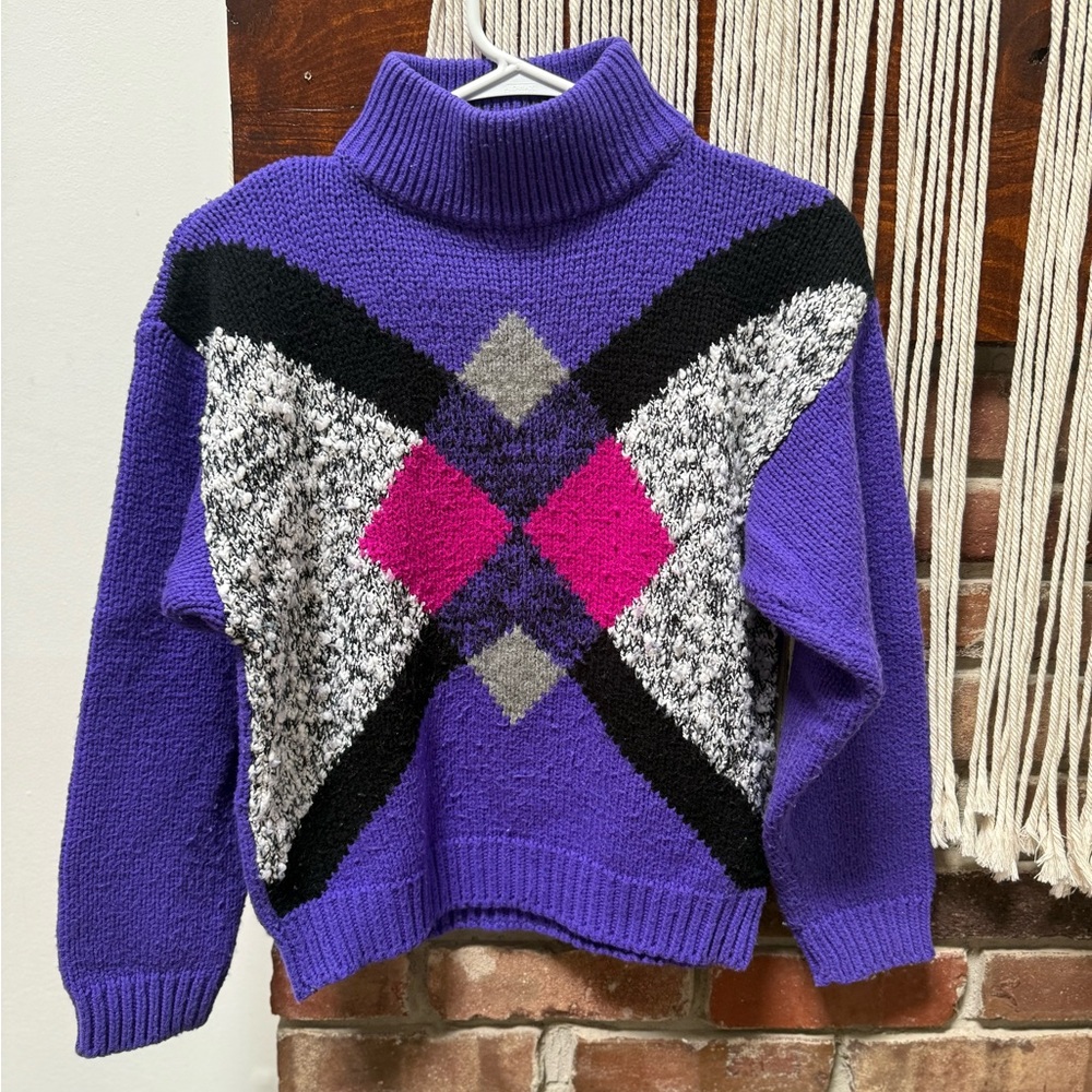 Vintage Purple Turtleneck Sweater with Pink and Black Argyle